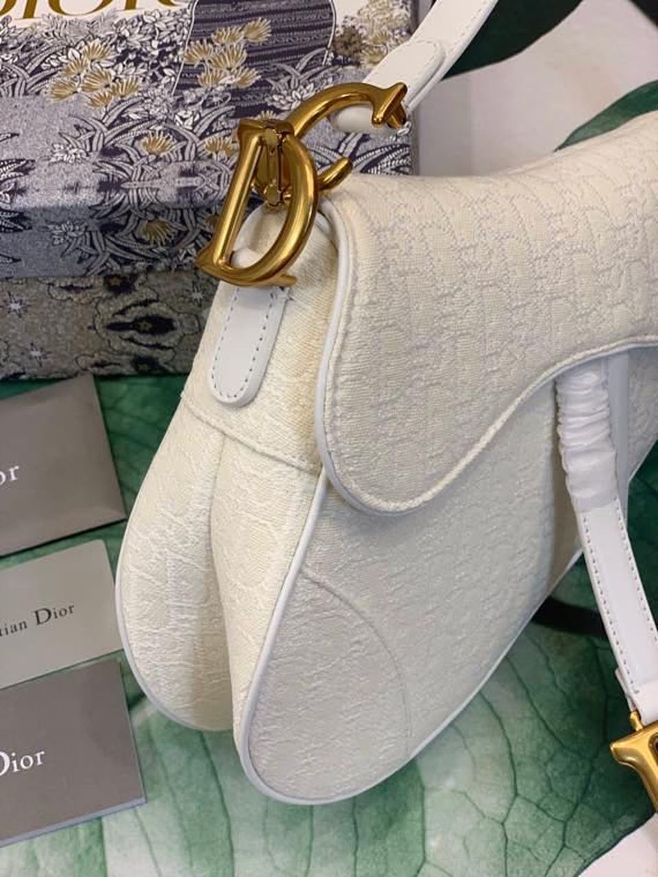 DI Saddle Bag White Oblique Embroidered Canvas Gold Toned Hardware For Women 25cm/10in CD