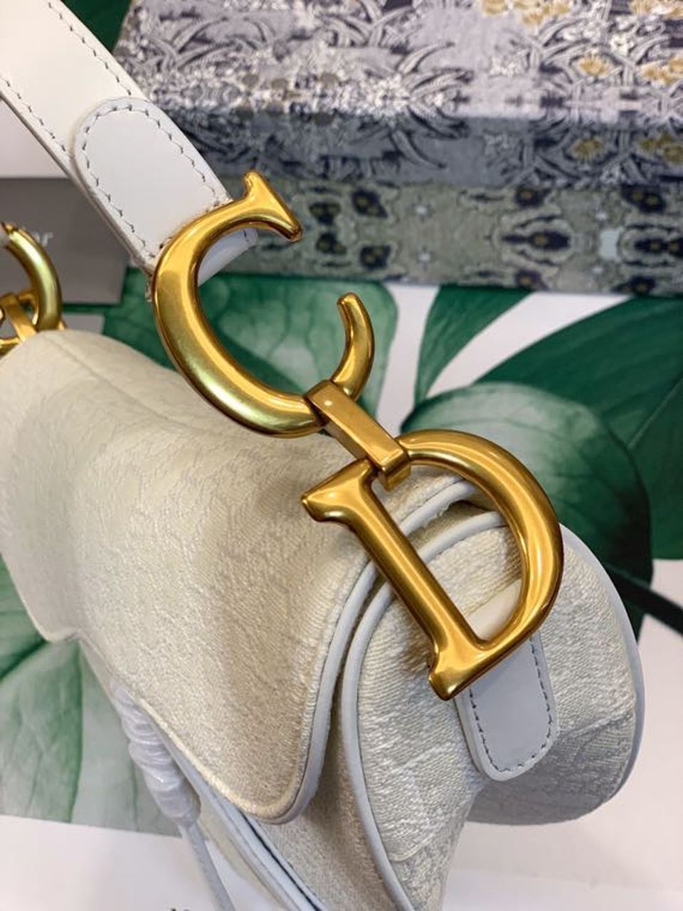 DI Saddle Bag White Oblique Embroidered Canvas Gold Toned Hardware For Women 25cm/10in CD