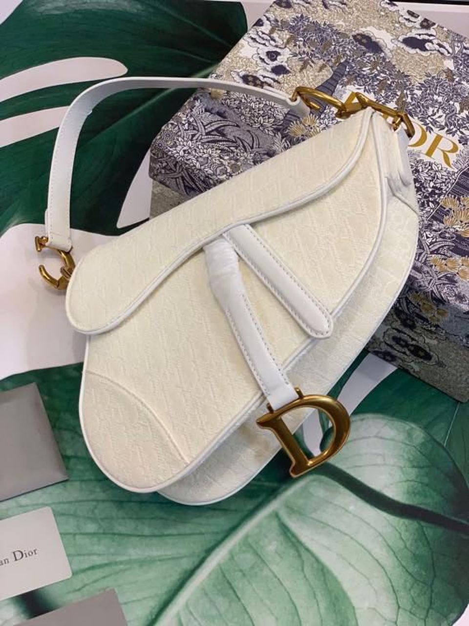 DI Saddle Bag White Oblique Embroidered Canvas Gold Toned Hardware For Women 25cm/10in CD