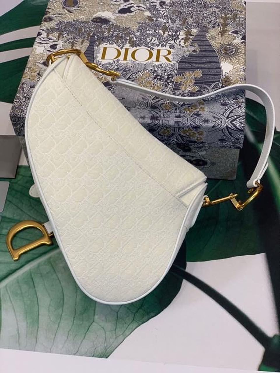 DI Saddle Bag White Oblique Embroidered Canvas Gold Toned Hardware For Women 25cm/10in CD