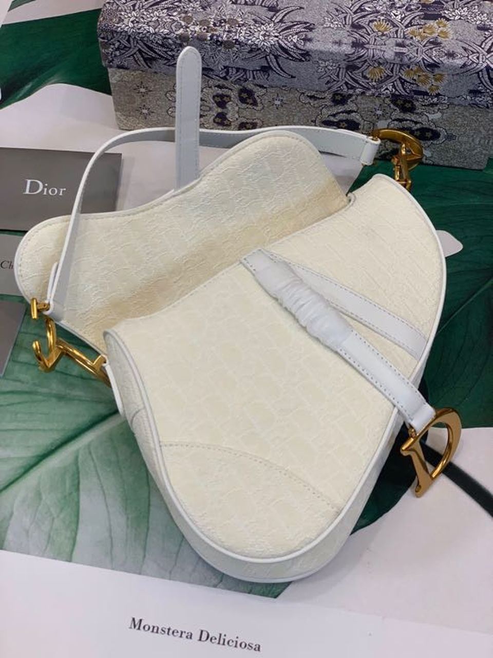 DI Saddle Bag White Oblique Embroidered Canvas Gold Toned Hardware For Women 25cm/10in CD