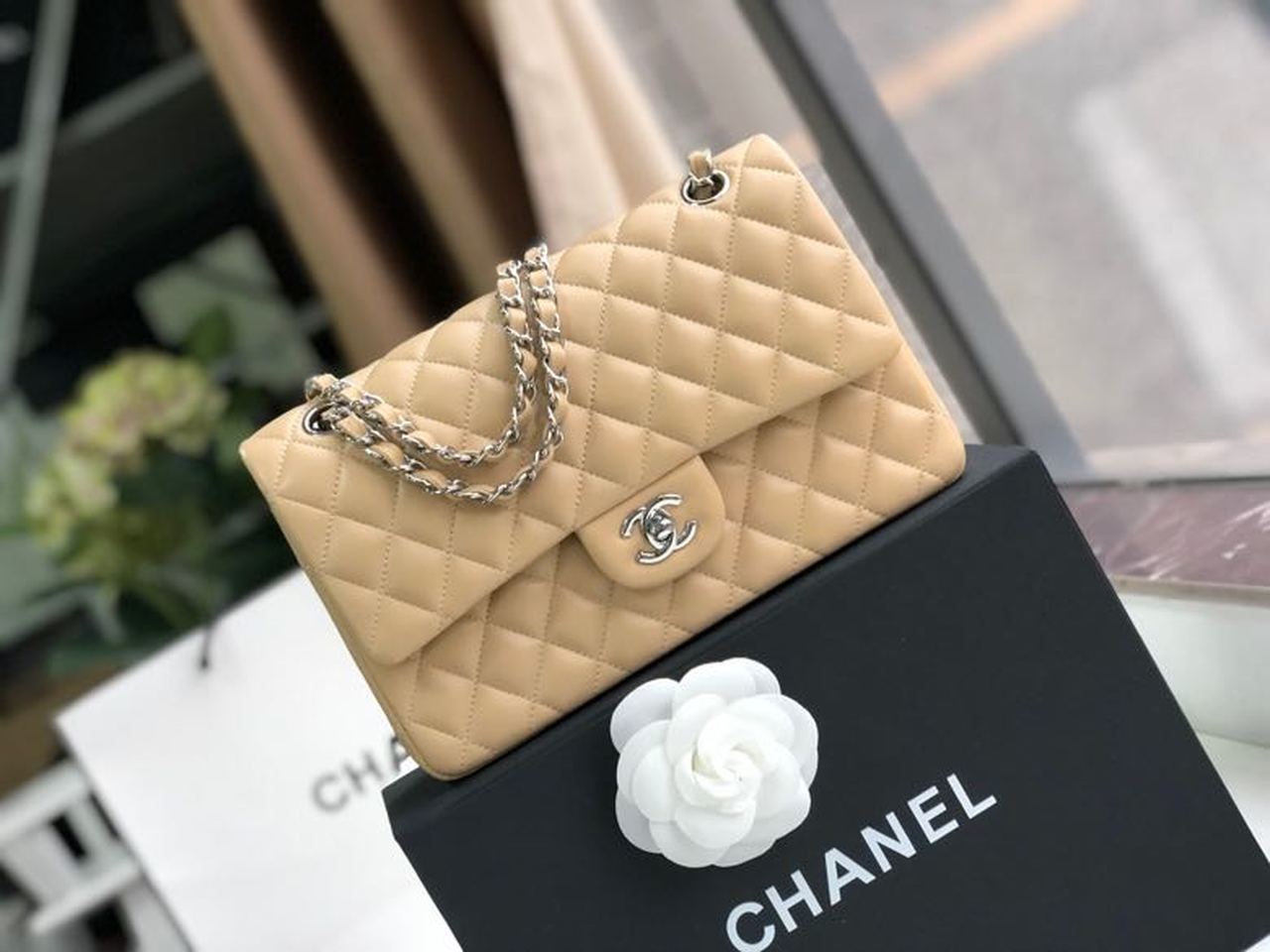 Chanel Classic Handbag Silver Hardware Beige For Women, Women’s Bags, Shoulder And Crossbody Bags 10.2in/26cm A01112