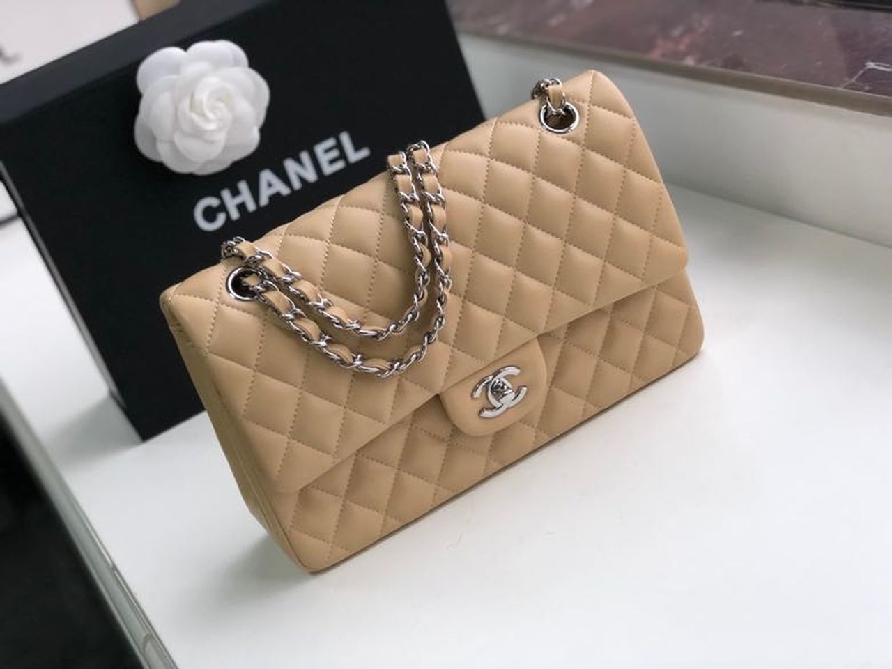 Chanel Classic Handbag Silver Hardware Beige For Women, Women’s Bags, Shoulder And Crossbody Bags 10.2in/26cm A01112
