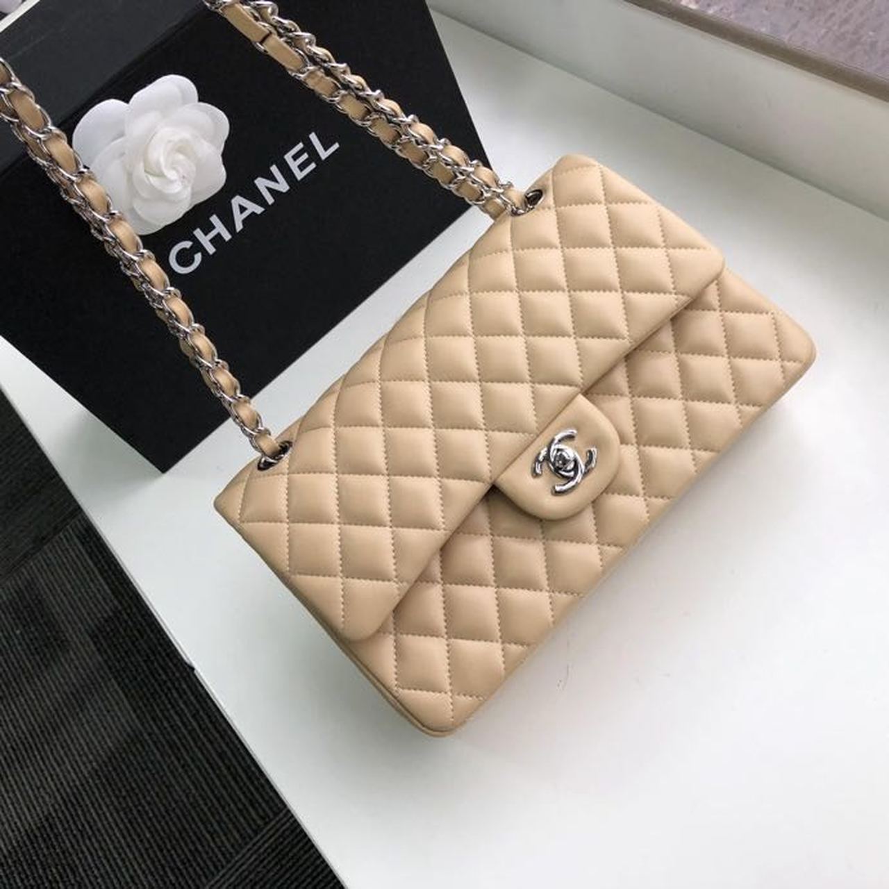 Chanel Classic Handbag Silver Hardware Beige For Women, Women’s Bags, Shoulder And Crossbody Bags 10.2in/26cm A01112