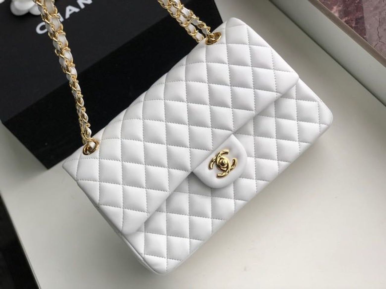 Chanel Classic Handbag Gold Toned Hardware White For Women, Women’s Bags, Shoulder And Crossbody Bags 10.2in/26cm A01112