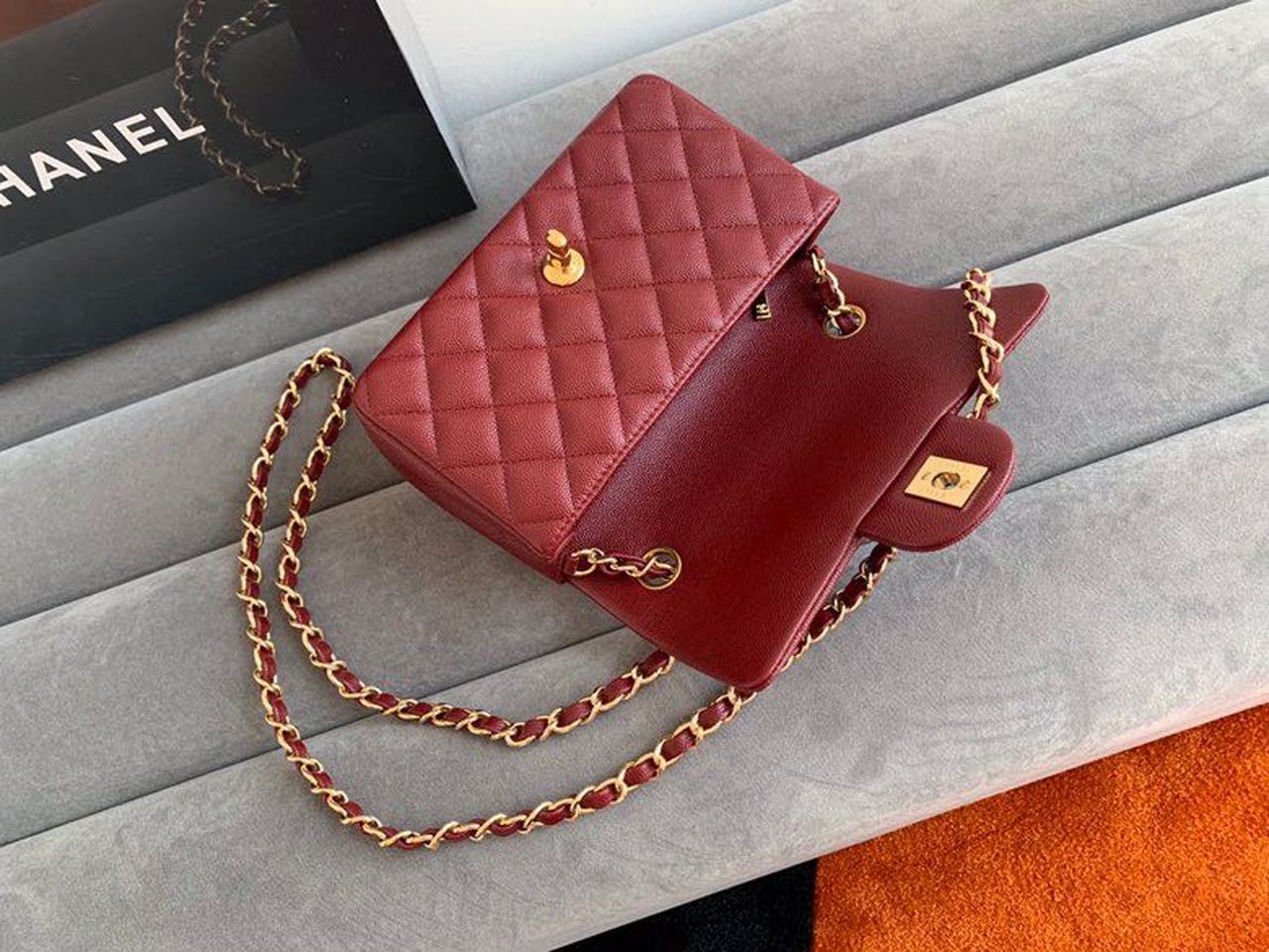 Chanel Classic HandBag Gold Toned Hardware Burgundy For Women 7.8in/20cm