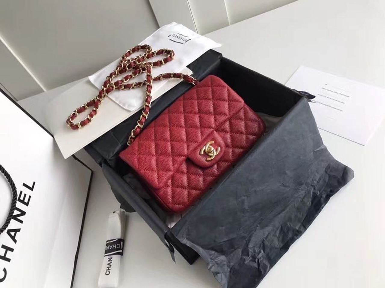 Chanel Classic HandBag With Charm Chain Chanel Gold Toned Hardware Red For Women