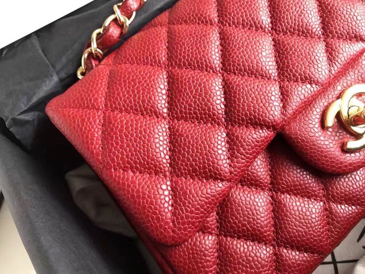 Chanel Classic HandBag With Charm Chain Chanel Gold Toned Hardware Red For Women