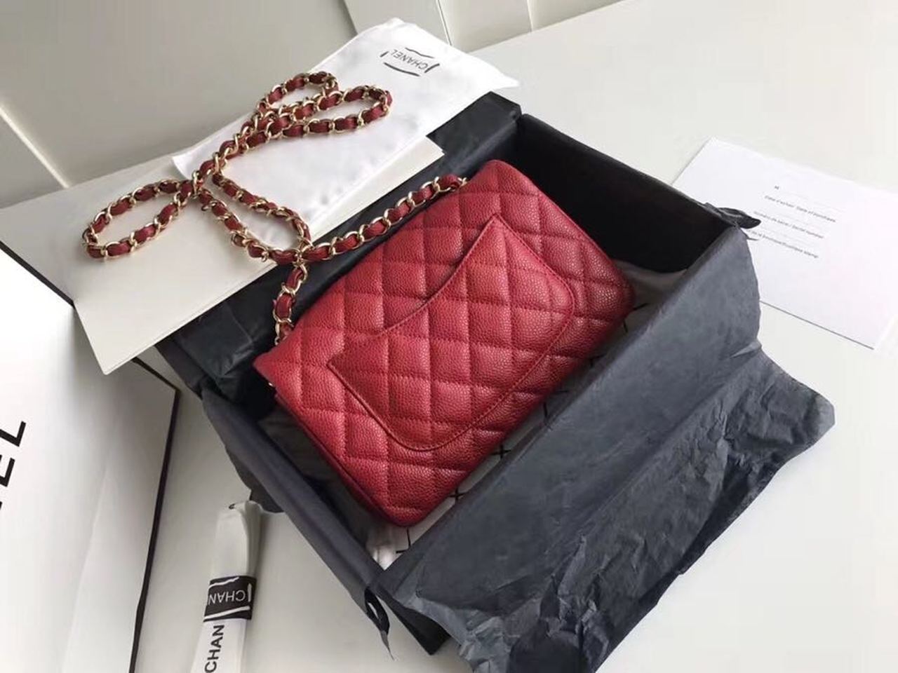 Chanel Classic HandBag With Charm Chain Chanel Gold Toned Hardware Red For Women