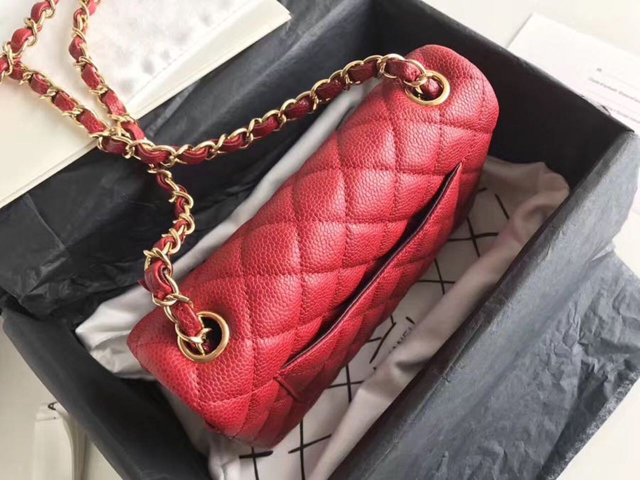 Chanel Classic HandBag With Charm Chain Chanel Gold Toned Hardware Red For Women