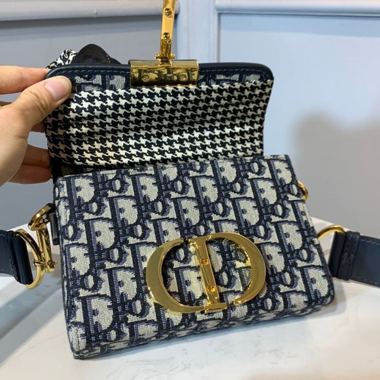 DI 30 Montaigne Box Bag Blue Oblique For Women17.5cm/7in FD Gold Toned Hardware CD