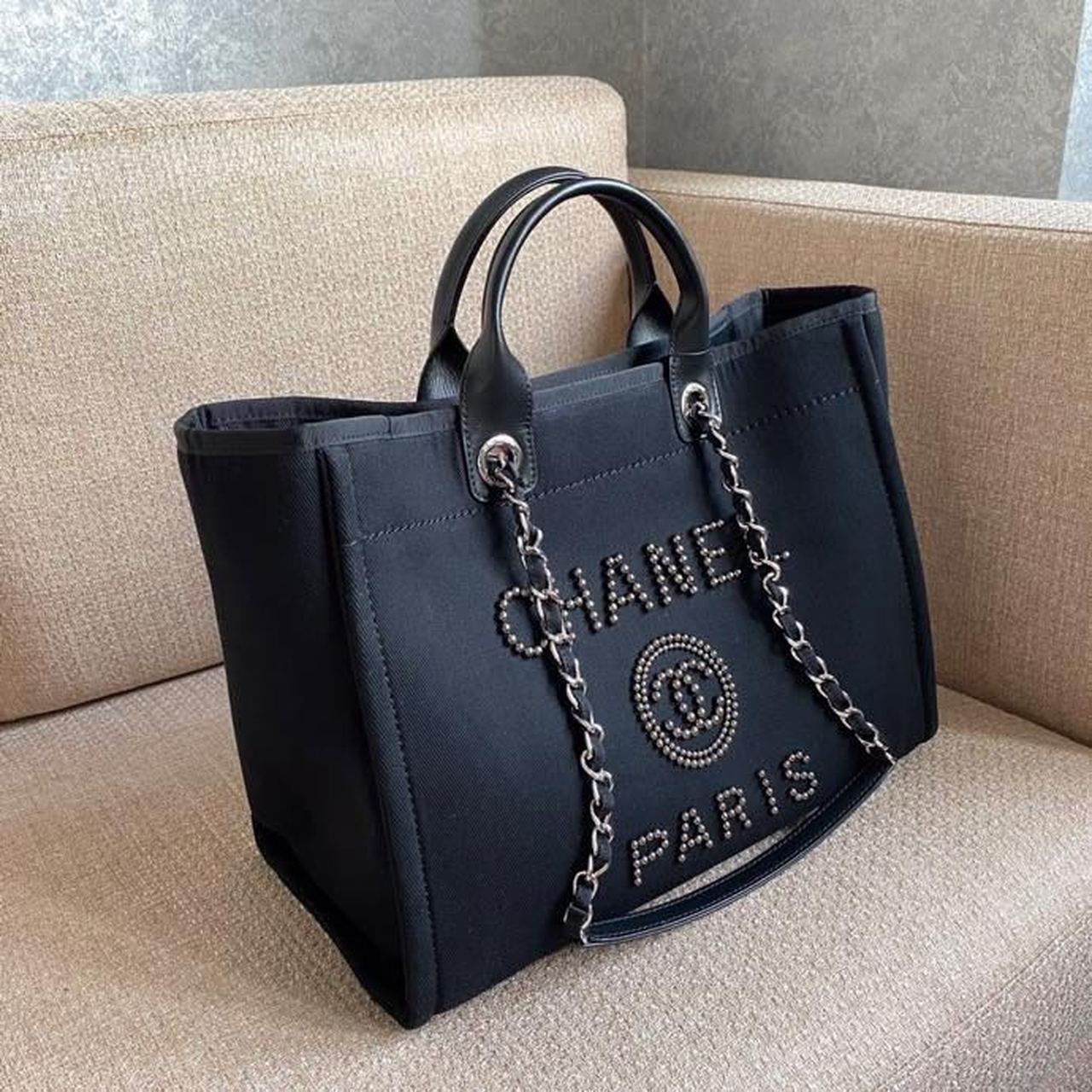 Chanel Large Deauville Pearl Tote Bag Black For Women, Women’s Handbags, Shoulder Bags 15in/38cm A66941