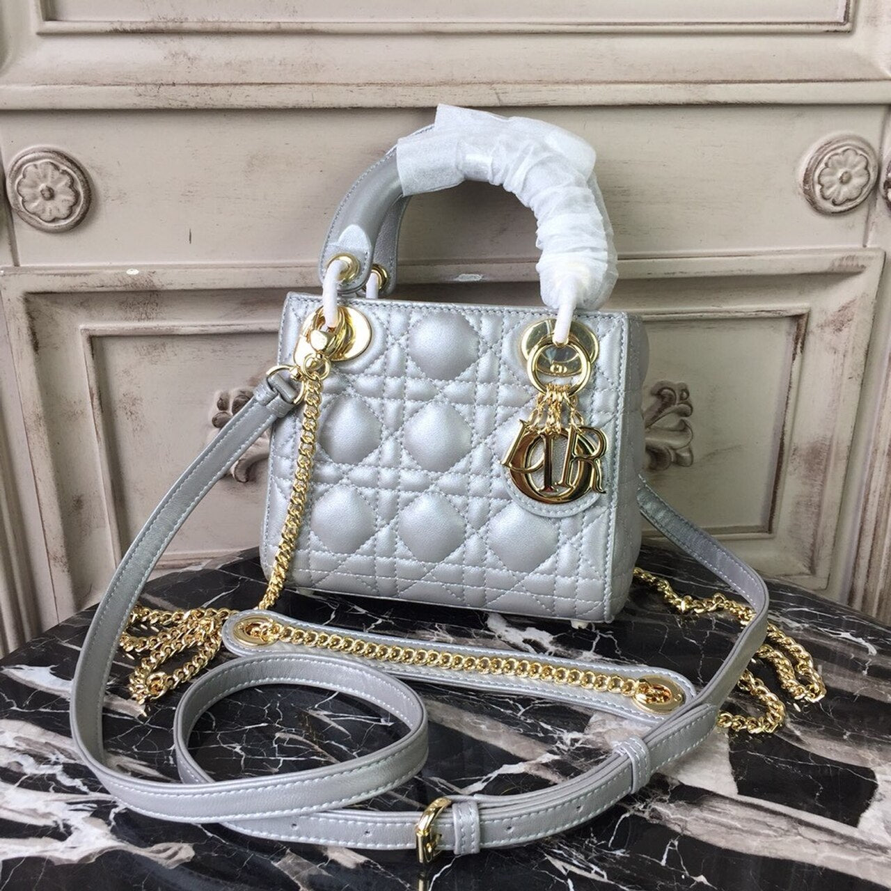 DI Mini Lady Bag Silver with Chain Gold Toned Hardware For Women 6.5in/17cm CD
