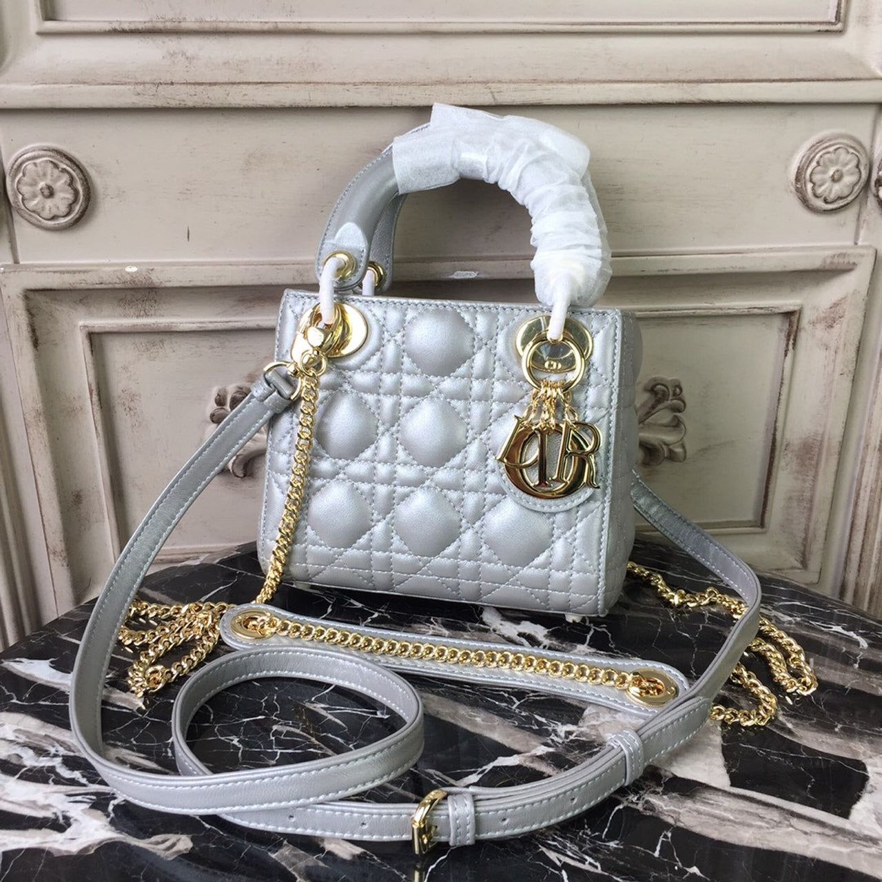 DI Mini Lady Bag Silver with Chain Gold Toned Hardware For Women 6.5in/17cm CD