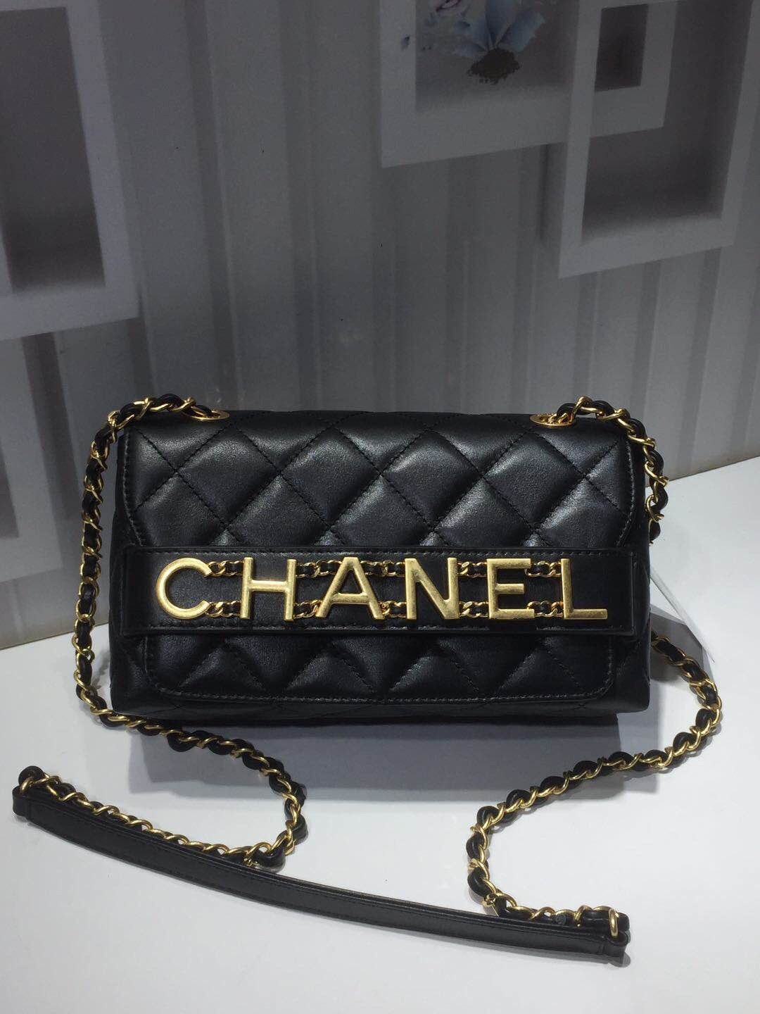 ChanelFront Logo Small Flap Bag Gold Hardware Black For Women, Women’s Handbags, Shoulder Bags 8.2in/21cmAS1490