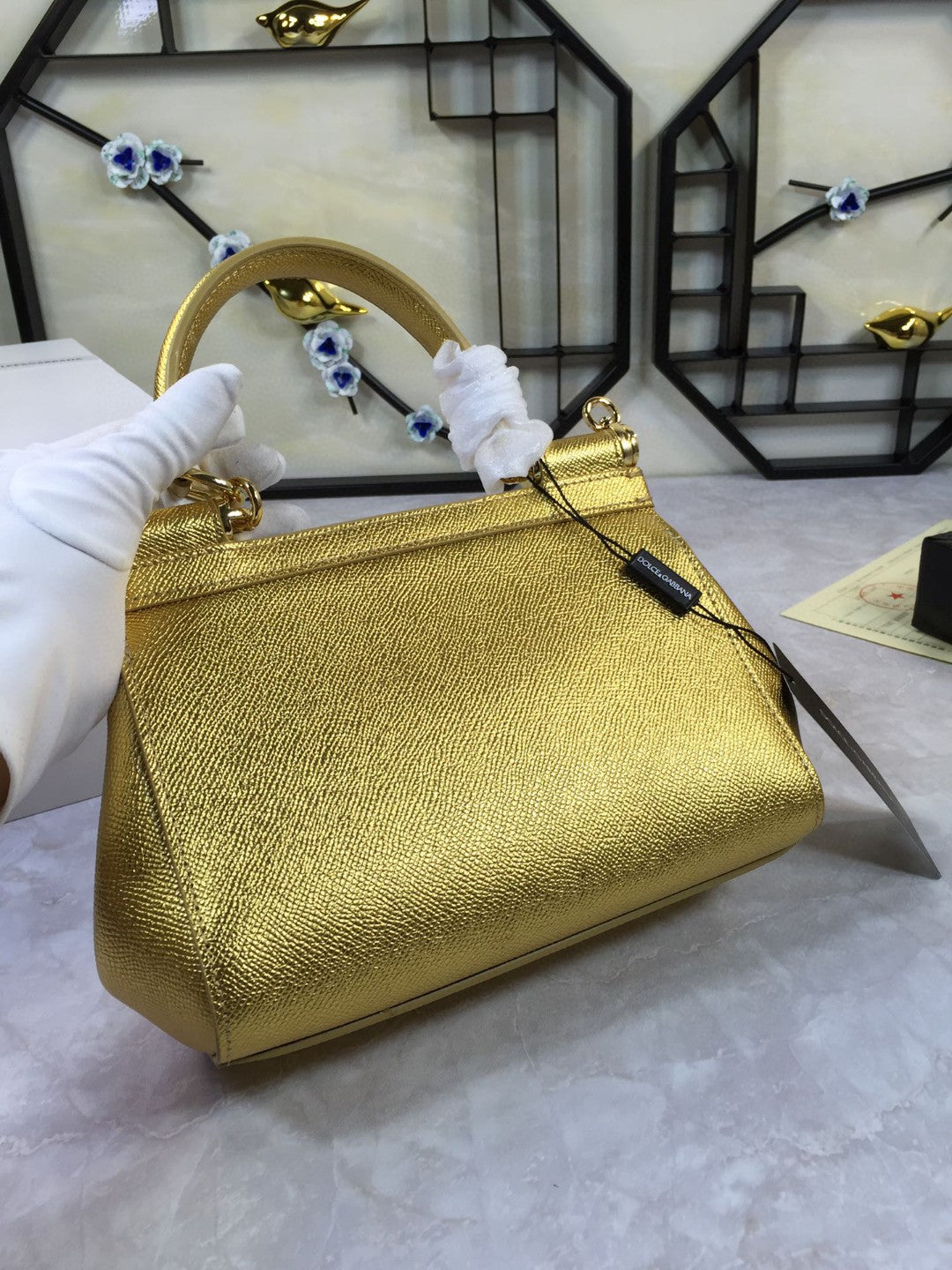 DG Medium Sicily Handbag In Dauphine Gold For Women 10.2in/26cm DG