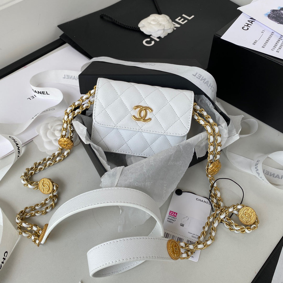 Chanel Clutch With Chain Gold Hardware Grained Shinny White For Women, Women’s Handbags, Shoulder Bags 4.7in/12cm AP2857