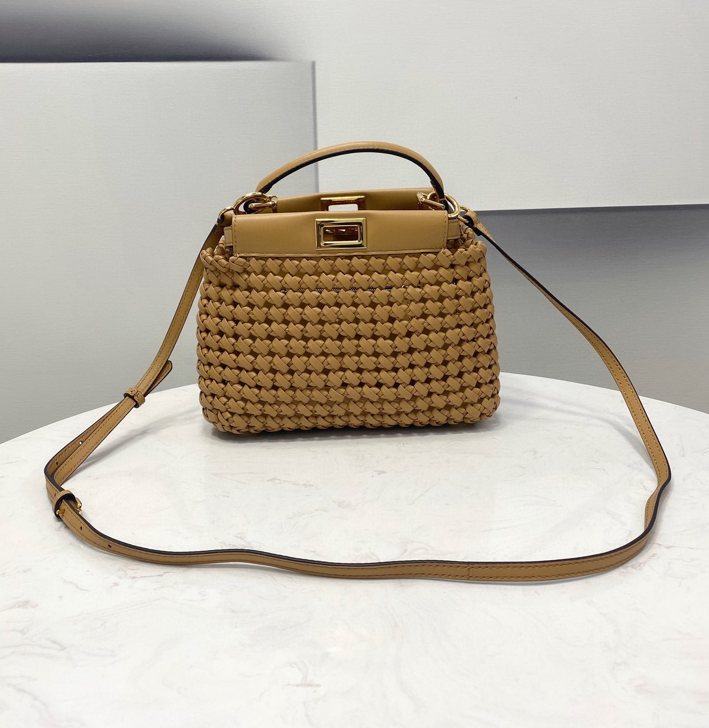 FI Peekaboo Mini Light Brown Braided Bag For Woman 18cm/7in