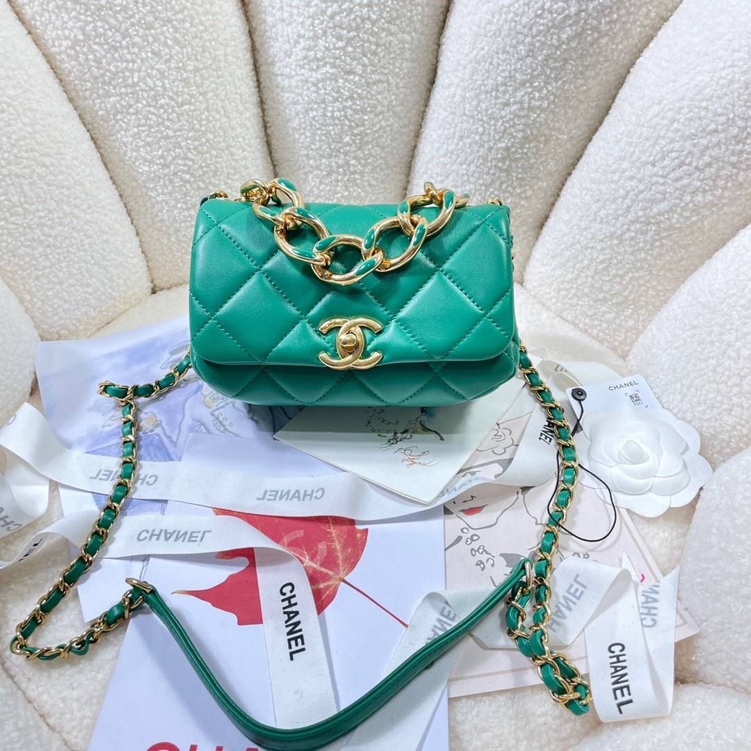 ChanelMini Flap Bag Gold Hardware Green For Women, Women’s Handbags, Shoulder Bags 6.7in/17cm AS3365