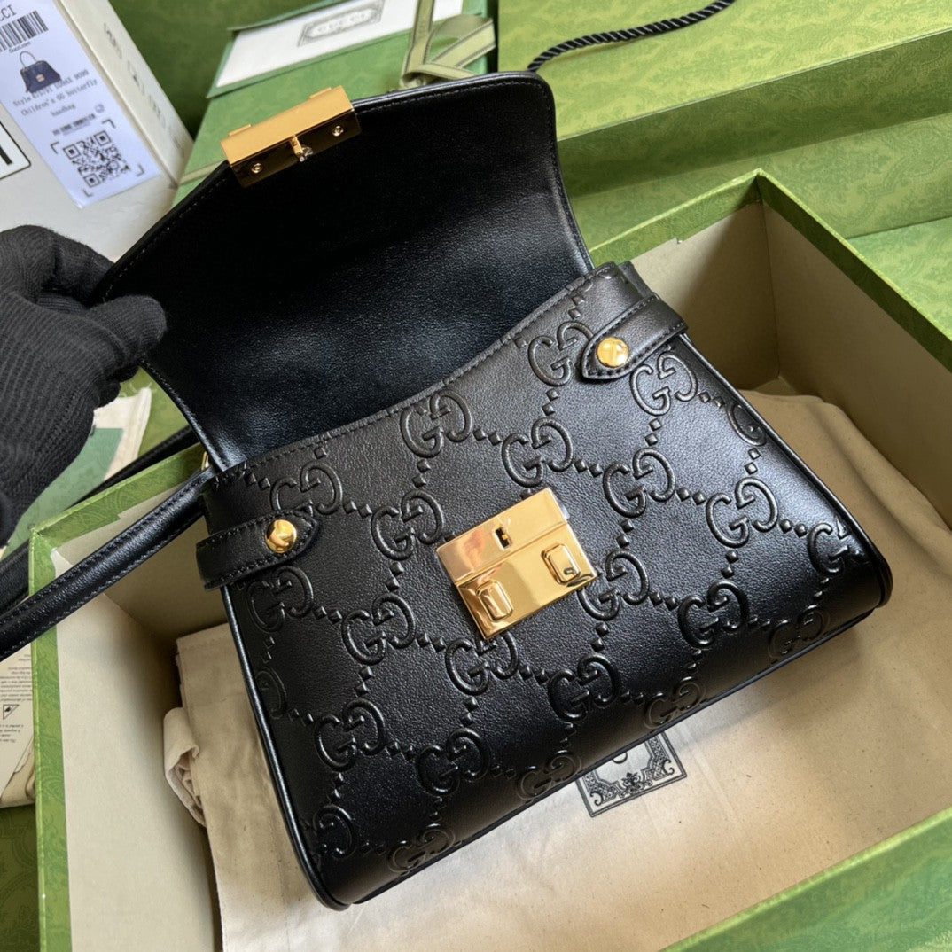 gg Small gg Top Handle Bag Black Debossed For Women 11in/29cm gg 675791 UD9AG 1000