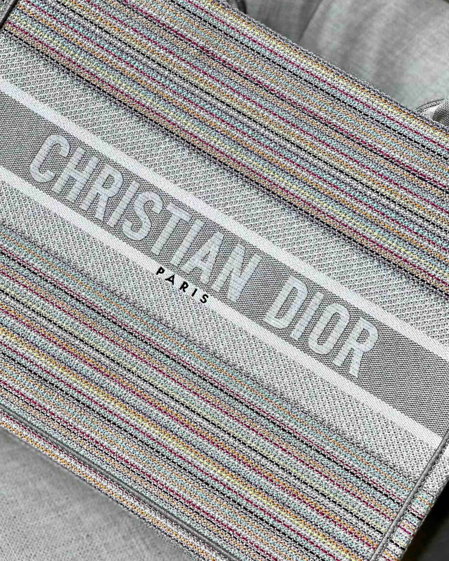DI Medium Book Tote Bag Canvas Stripes Embroidery For Women 36cm/16.5in CD