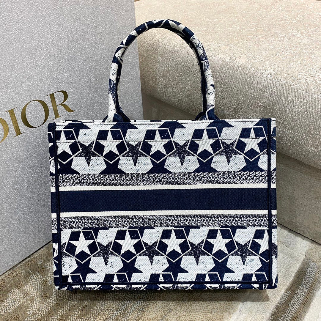 DI Medium Book Tote Bag in Étoile Embroidery Bag, Blue/White, For Women Women’s Handbags, 36cm CD
