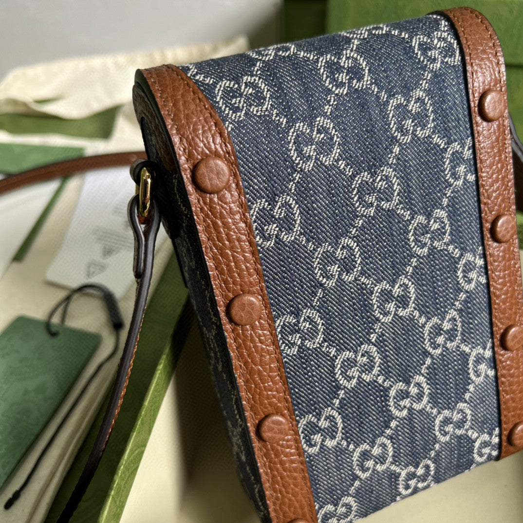 gg Horsebit 1955 Mini Bag Blue And Ivory gg Denim Jacquard For Women 6.7in/17cm 625615 2KQgg 8375