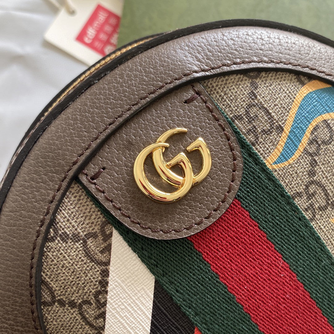gg Round Shoulder Bag With Double G Beige And Ebony Supreme Canvas With Stripes And Flames Print Brown For Women 7,5in/19cm 574978 UQHNE 9885