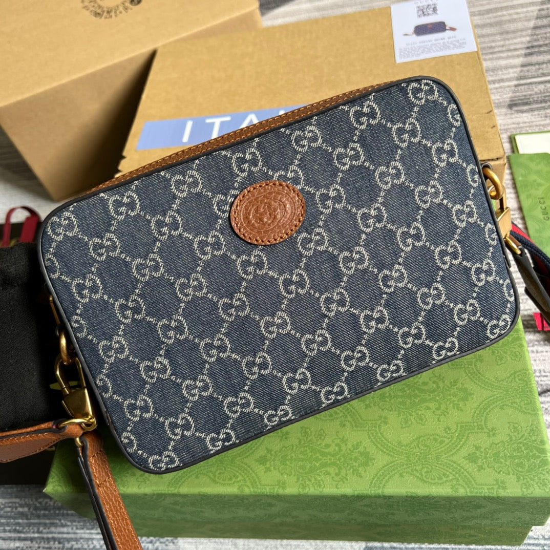 gg Shoulder Bag With Interlocking G Blue And Ivory gg Denim Jacquard For Women 9.6in/24.5cm gg