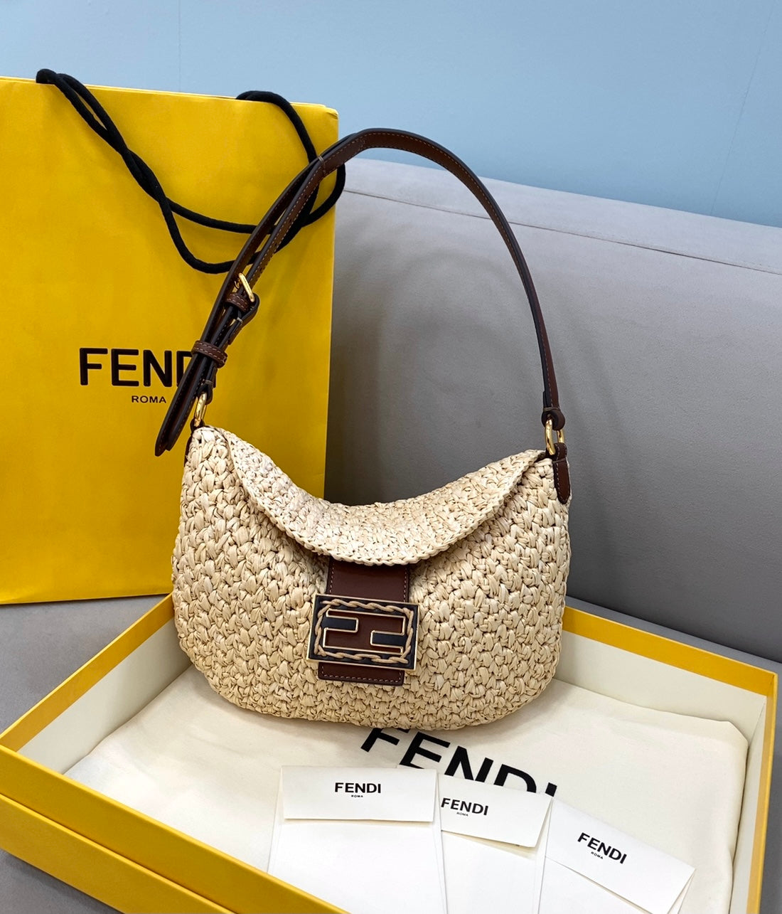 FI Small Croissant Hobo Bag Raffia For Women, Women’s Handbags, Shoulder Bags 11.4in/29cm FF 8BR790AFGJF1E1B