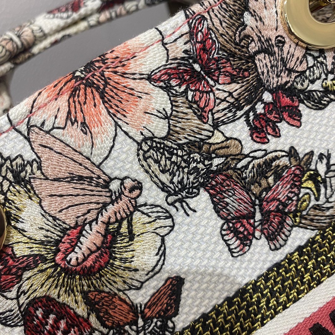 DI Medium Lady D-Lite Bag Multicolor Butterfly Embroidery, Red/Latte Handbags, 24cm CD M0565ORHQ_M884