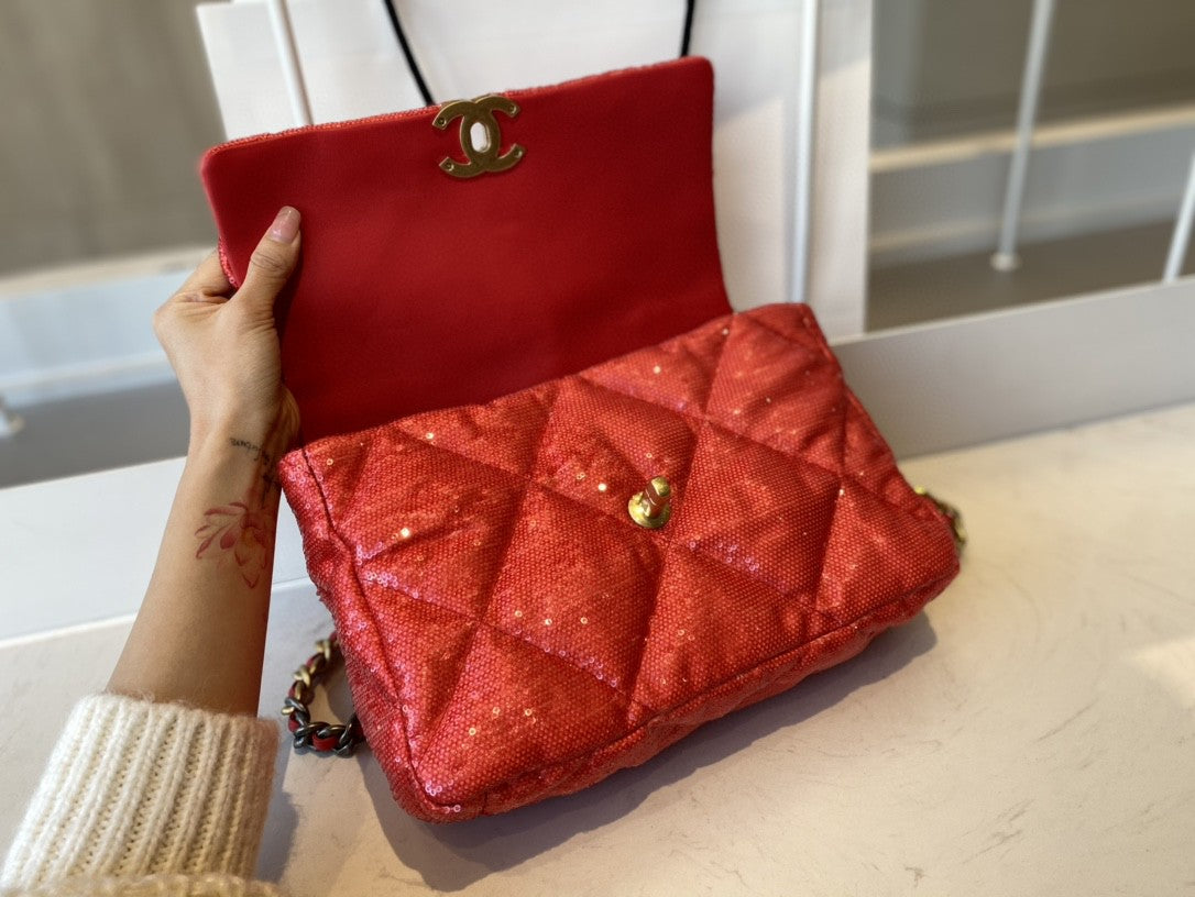 CHL 19 Flap Bag Gold Hardware Red For Women, Women’s Handbags, Shoulder Bags 10.2in/26cm AS1160