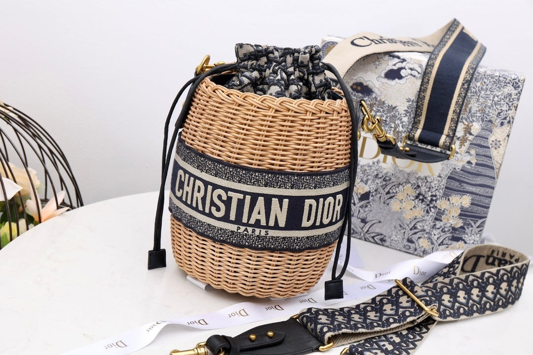 DI Medium Lady Bag Natural Wicker Blue For Women 28cm/11in CD M0505CMVO_M808