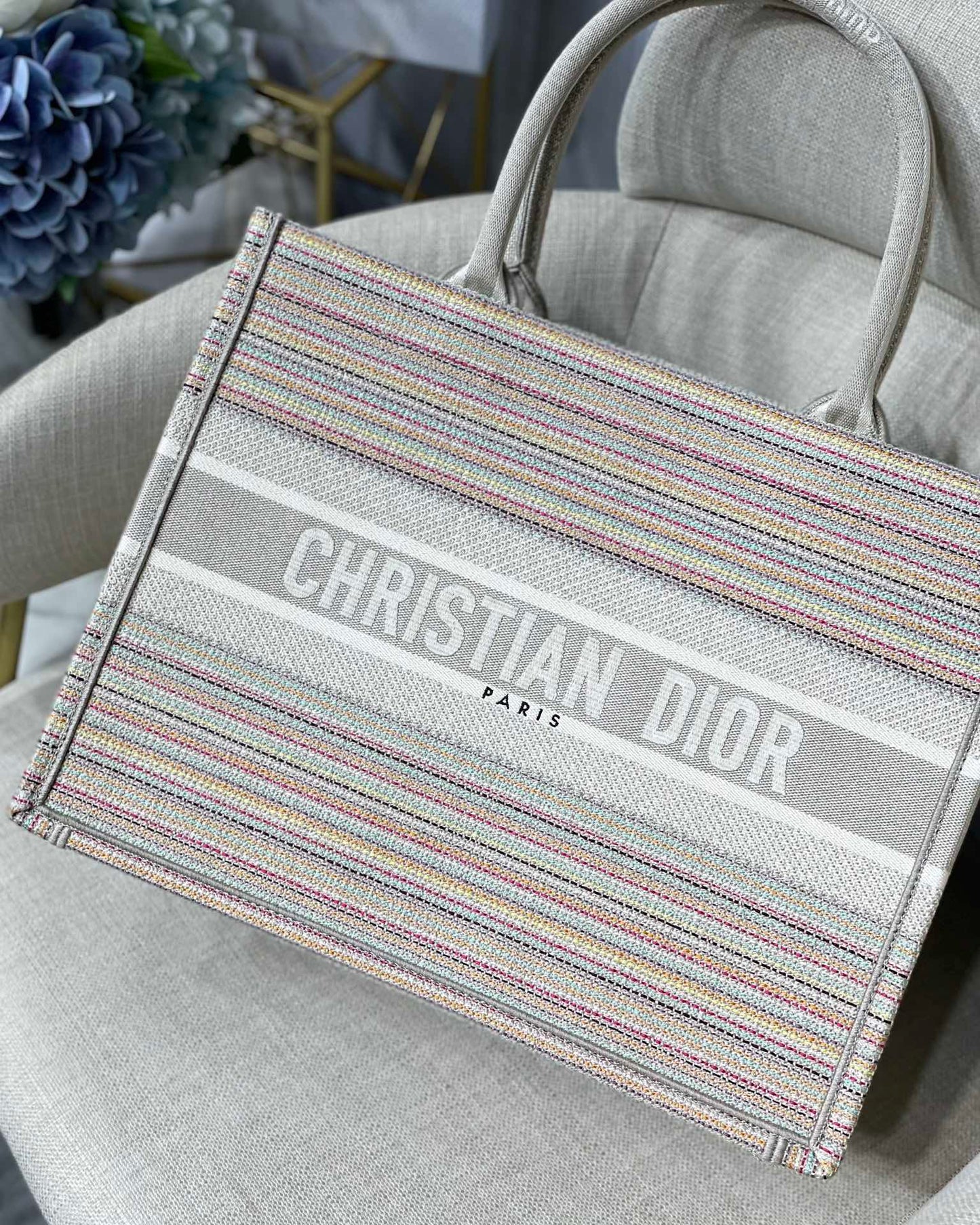 DI Medium Book Tote Bag Canvas Stripes Embroidery For Women 36cm/16.5in CD