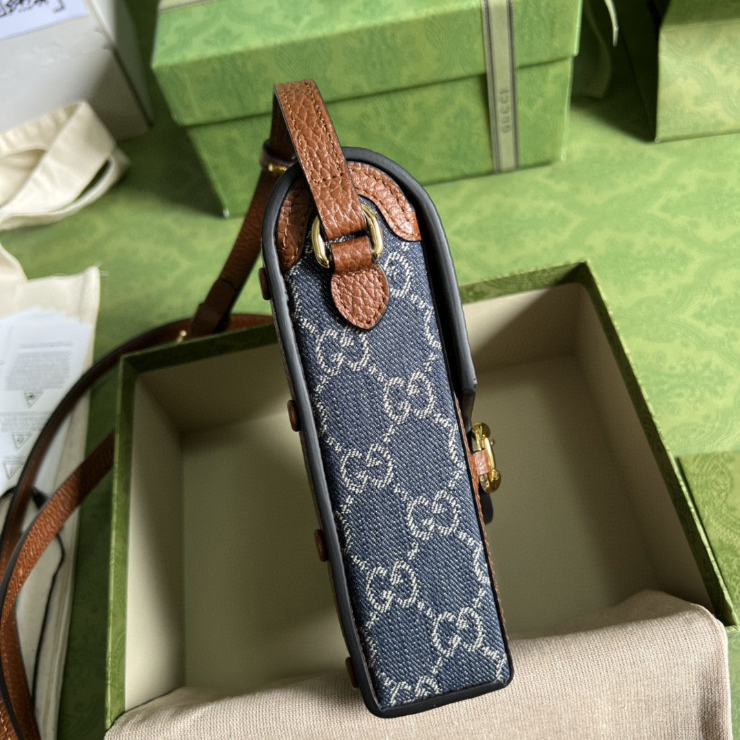 gg Horsebit 1955 Mini Bag Blue And Ivory gg Denim Jacquard For Women 6.7in/17cm 625615 2KQgg 8375