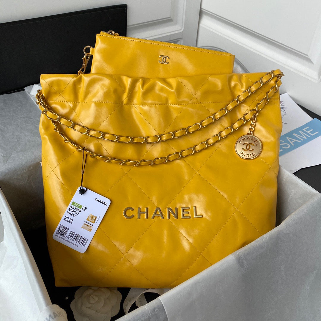 CHL 22 Handbag Gold Hardware Shiny Yellow For Women, Women’s Handbags, Shoulder Bags 16.5in/38cm AS3261