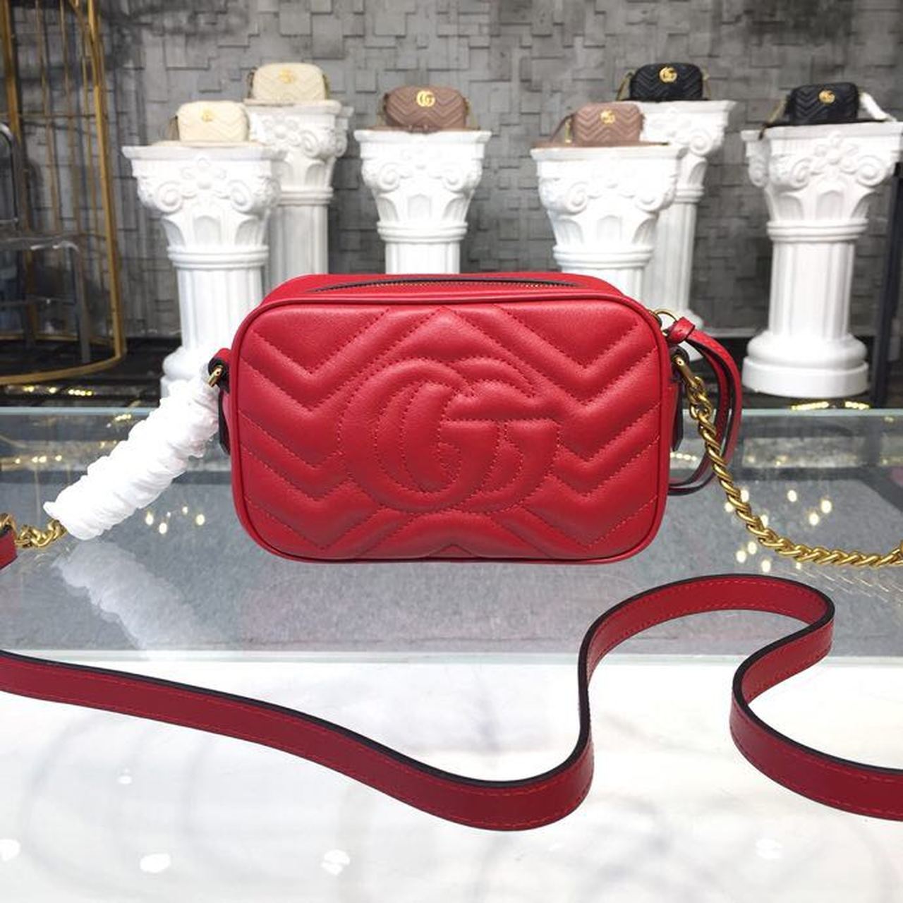 gg Marmont Matelassé Mini Bag Hibiscus Red Matelassé Chevron For Women 7in/18cm gg