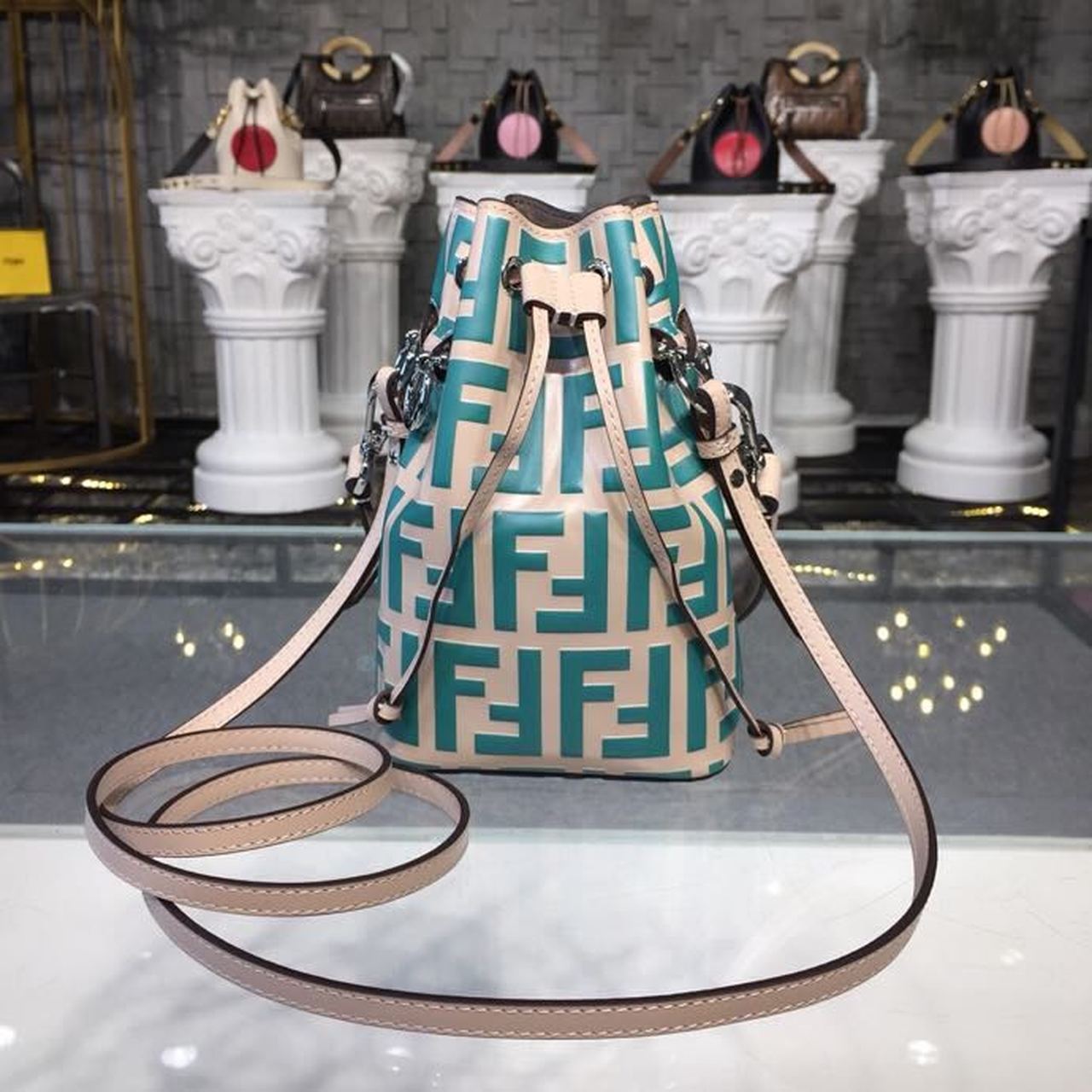 FI Mon Tresor Beige/Teal For Women, Women’s Handbags, Shoulder And Crossbody Bags 7in/18cm FF 8BS010
