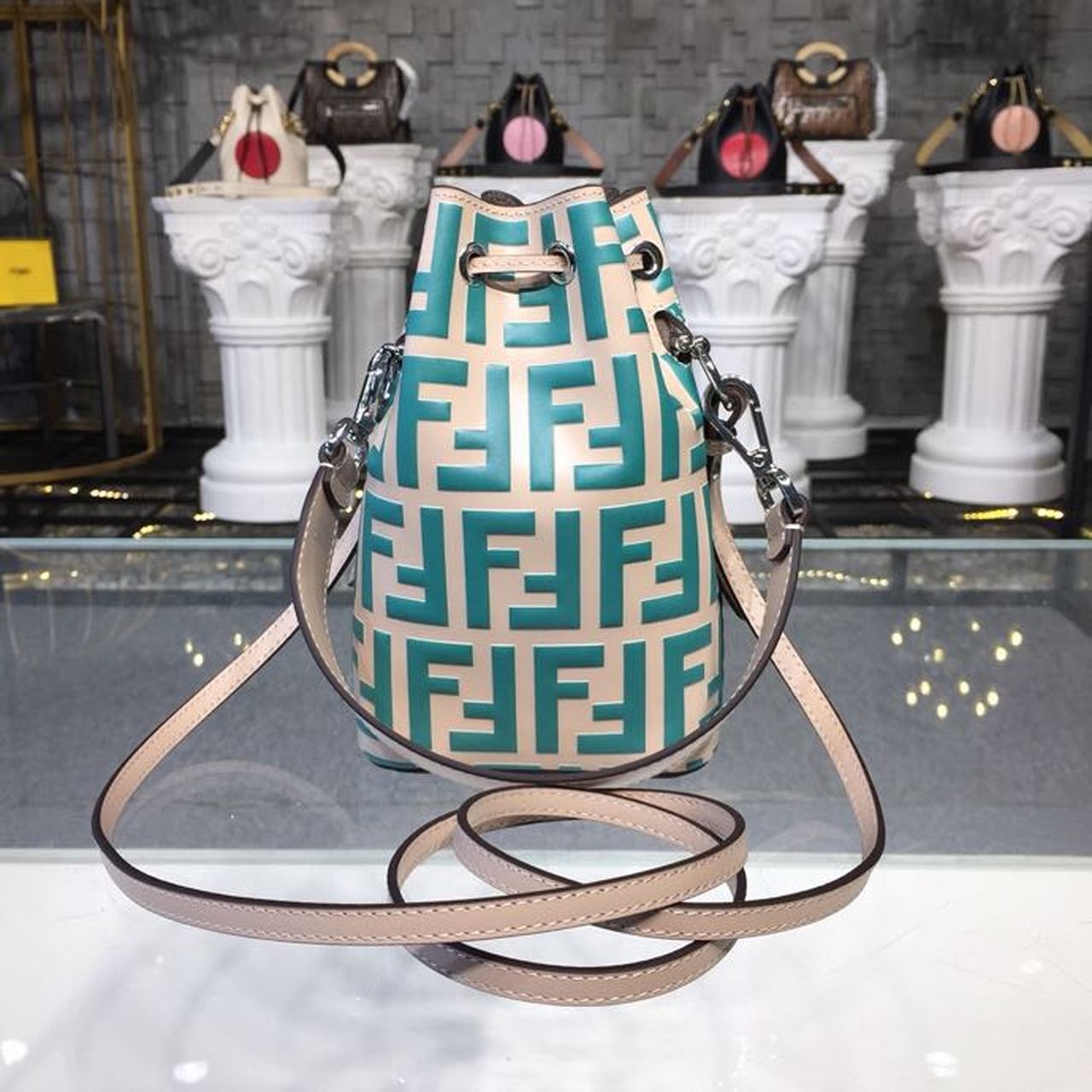 FI Mon Tresor Beige/Teal For Women, Women’s Handbags, Shoulder And Crossbody Bags 7in/18cm FF 8BS010