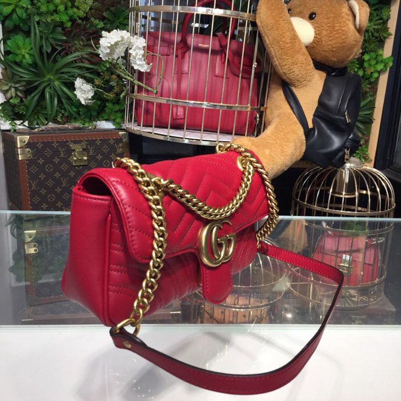 gg Marmont Matelassé Mini Bag Hibiscus Red Matelassé Chevron For Women 8.5in/22cm gg 446744 DTDIT 6433