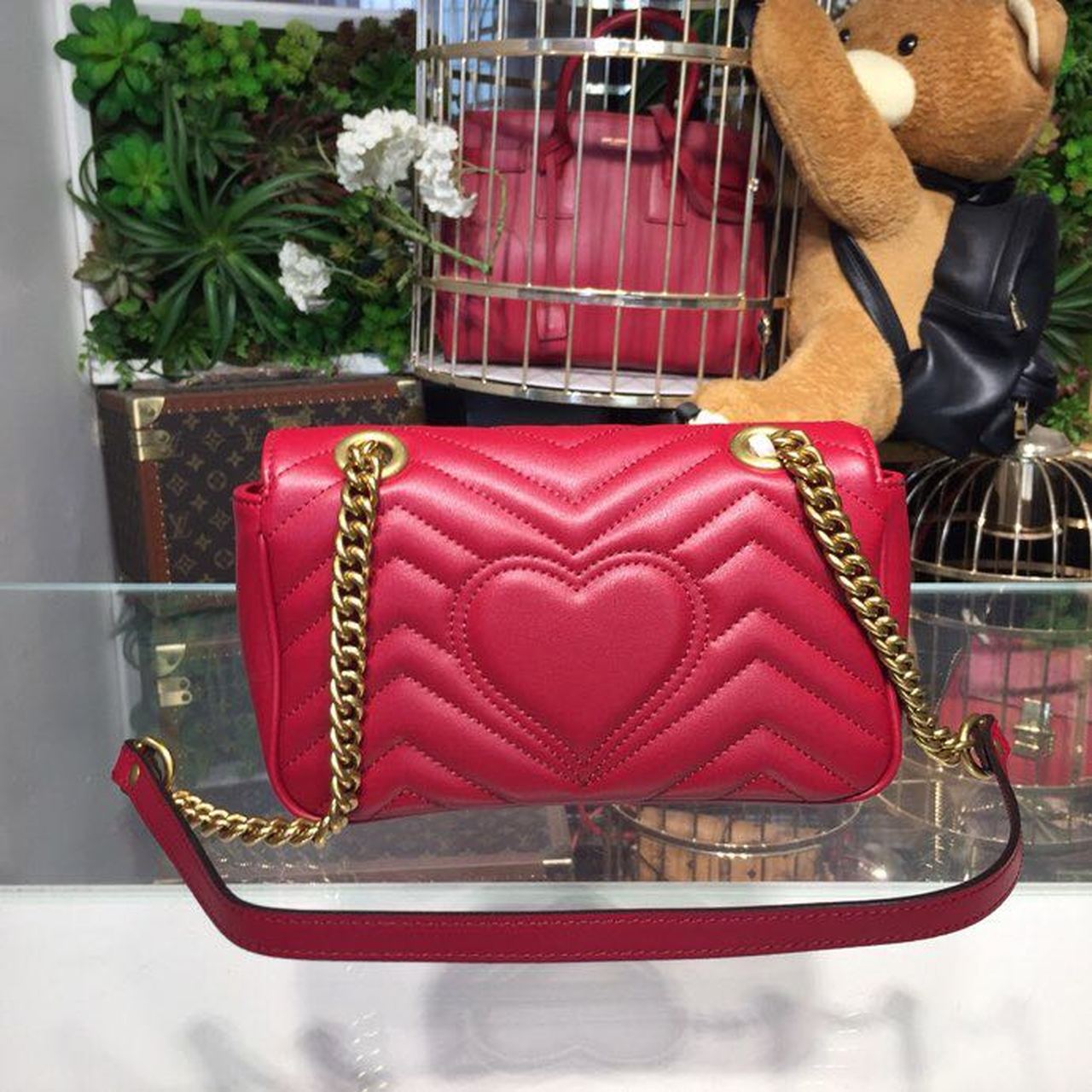 gg Marmont Matelassé Mini Bag Hibiscus Red Matelassé Chevron For Women 8.5in/22cm gg 446744 DTDIT 6433