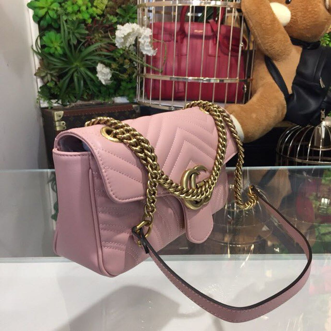 gg Marmont Small Matelassé Shoulder Bag Dusty Pink Matelassé Chevron For Women 10in/26cm gg 443497 DTDIT 5729