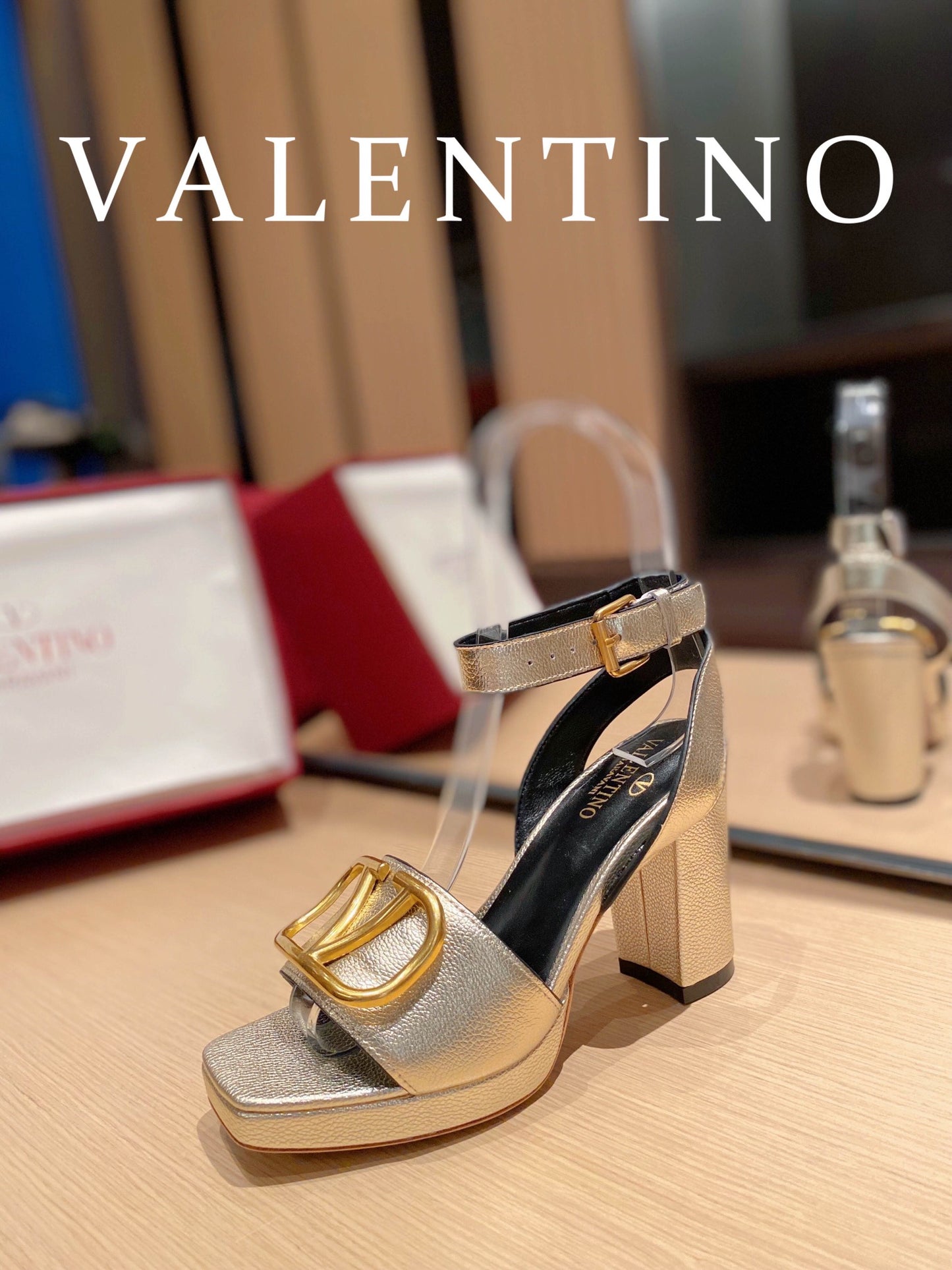 Valentino Garavani Strap Heeled Sandals With V Logo Signature Embellishment Gold For Women