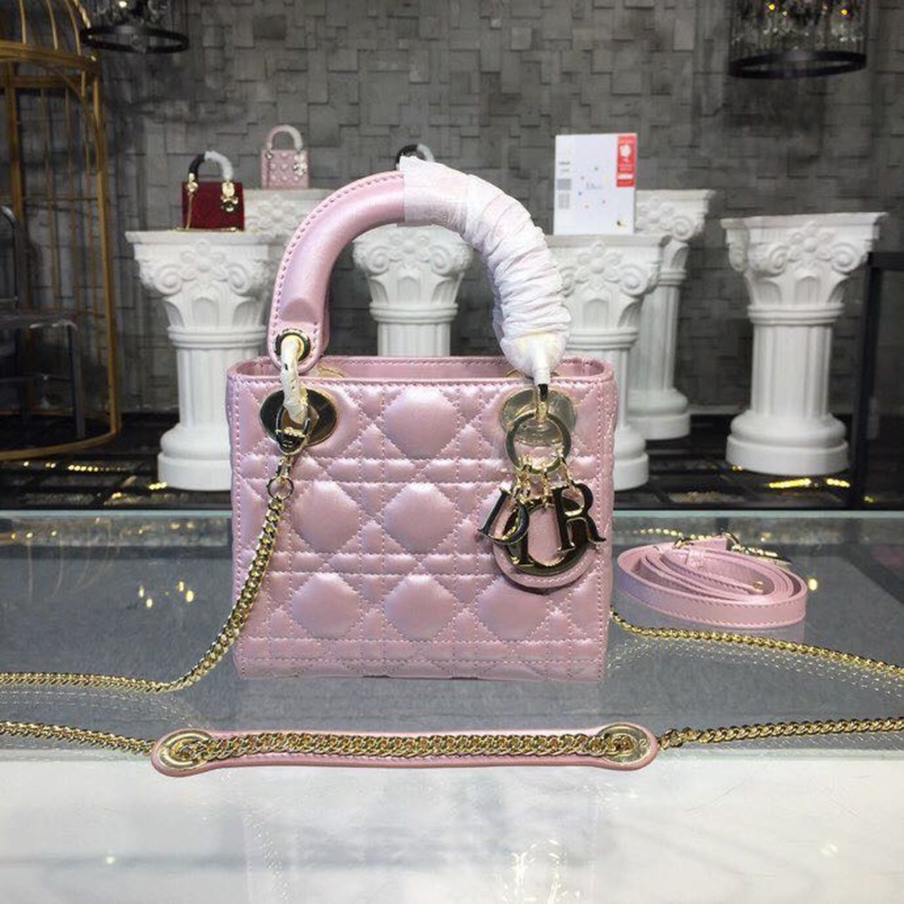 DI Mini Lady Cannage Quilted Bag with Chain Gold Toned Hardware Pink For Women 6.5in/17cm CD