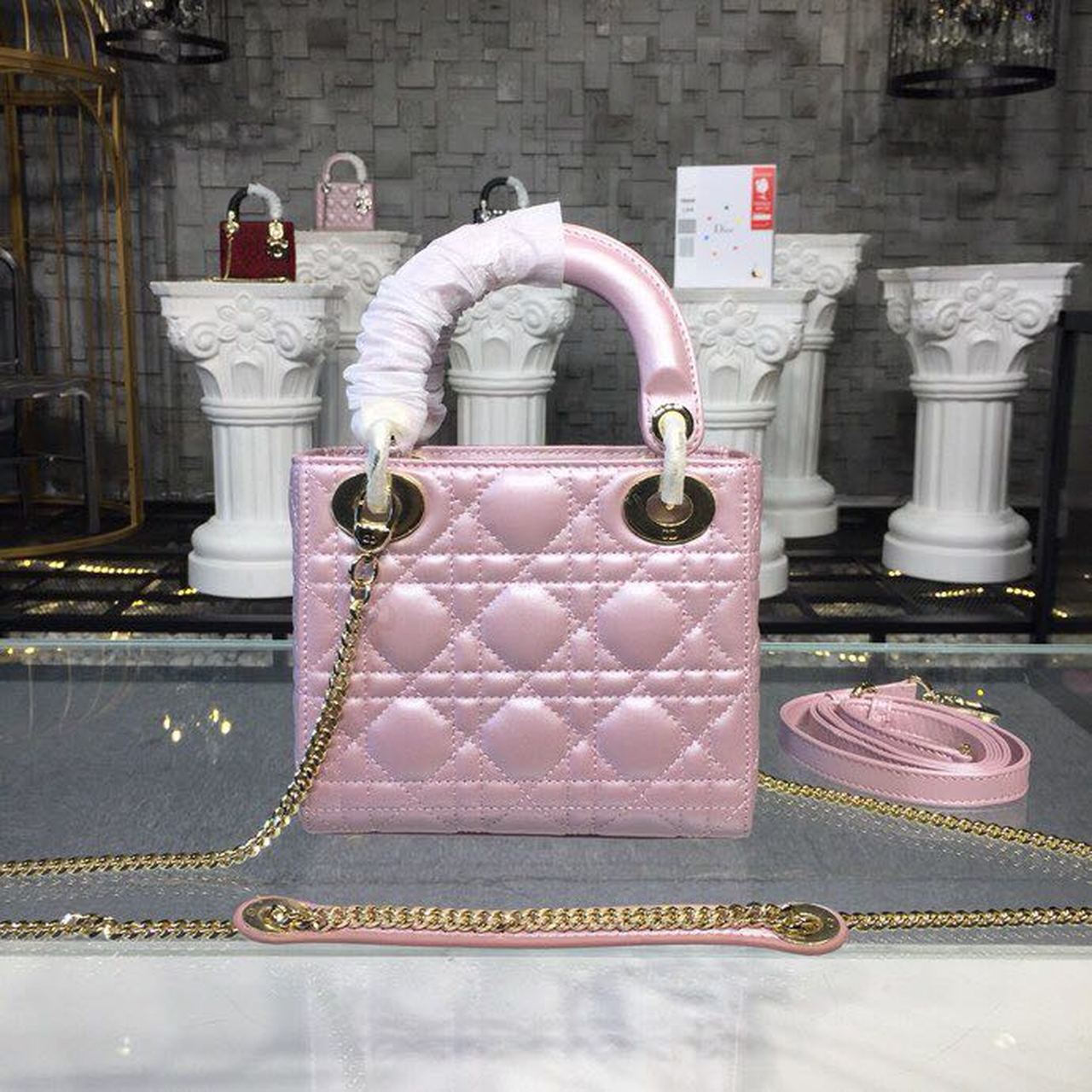 DI Mini Lady Cannage Quilted Bag with Chain Gold Toned Hardware Pink For Women 6.5in/17cm CD