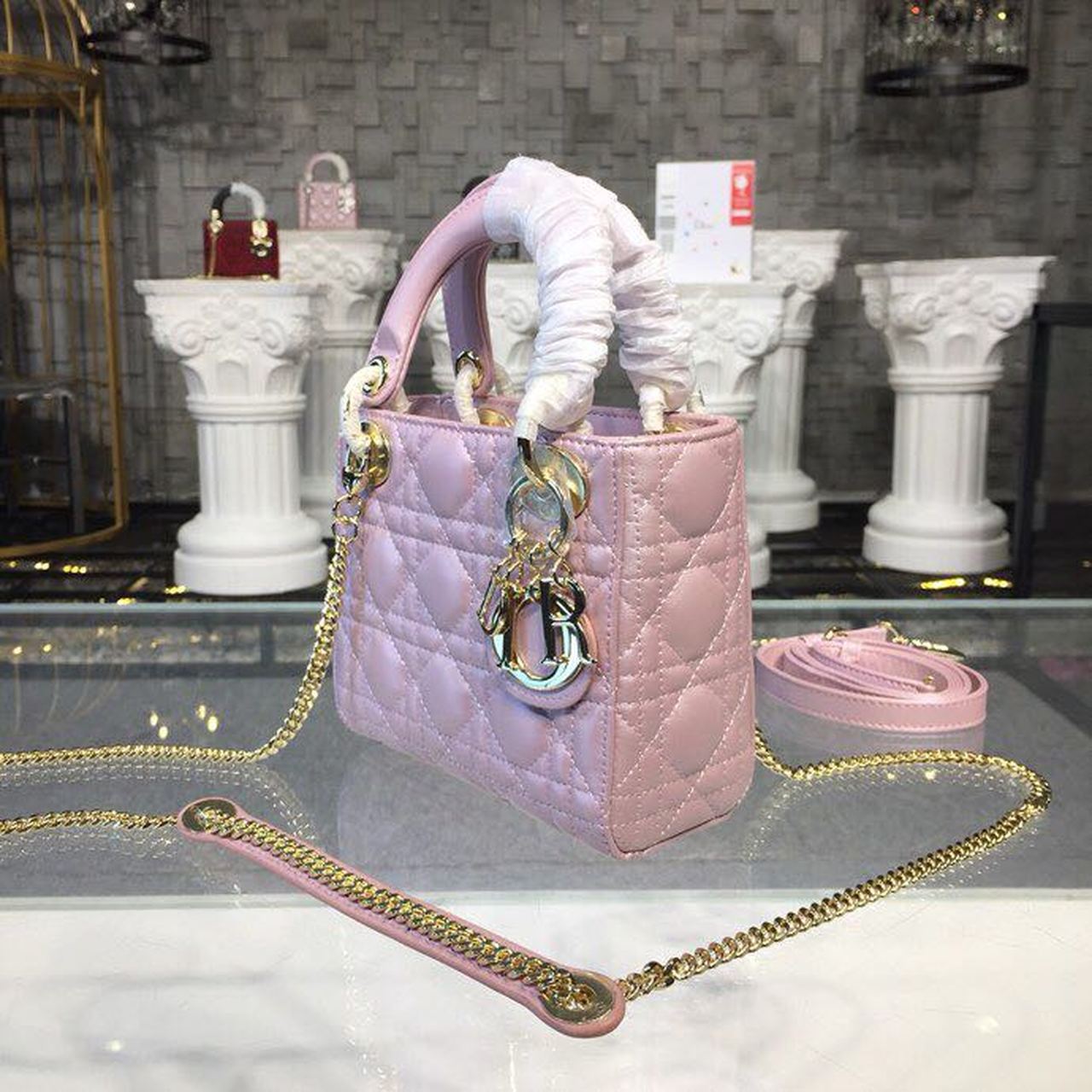 DI Mini Lady Cannage Quilted Bag with Chain Gold Toned Hardware Pink For Women 6.5in/17cm CD