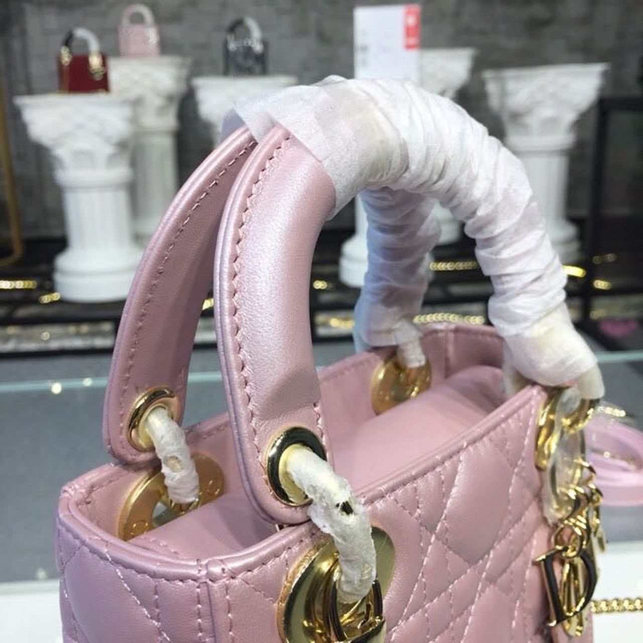 DI Mini Lady Cannage Quilted Bag with Chain Gold Toned Hardware Pink For Women 6.5in/17cm CD