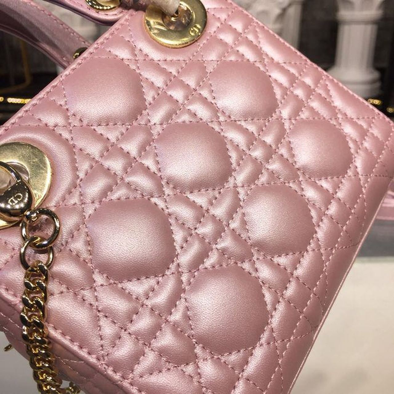DI Mini Lady Cannage Quilted Bag with Chain Gold Toned Hardware Pink For Women 6.5in/17cm CD