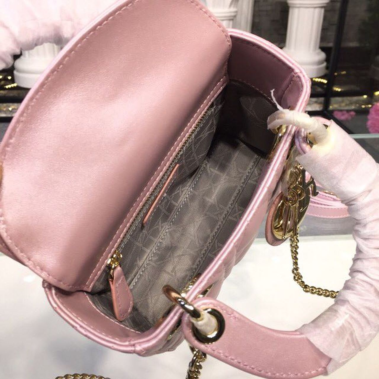 DI Mini Lady Cannage Quilted Bag with Chain Gold Toned Hardware Pink For Women 6.5in/17cm CD