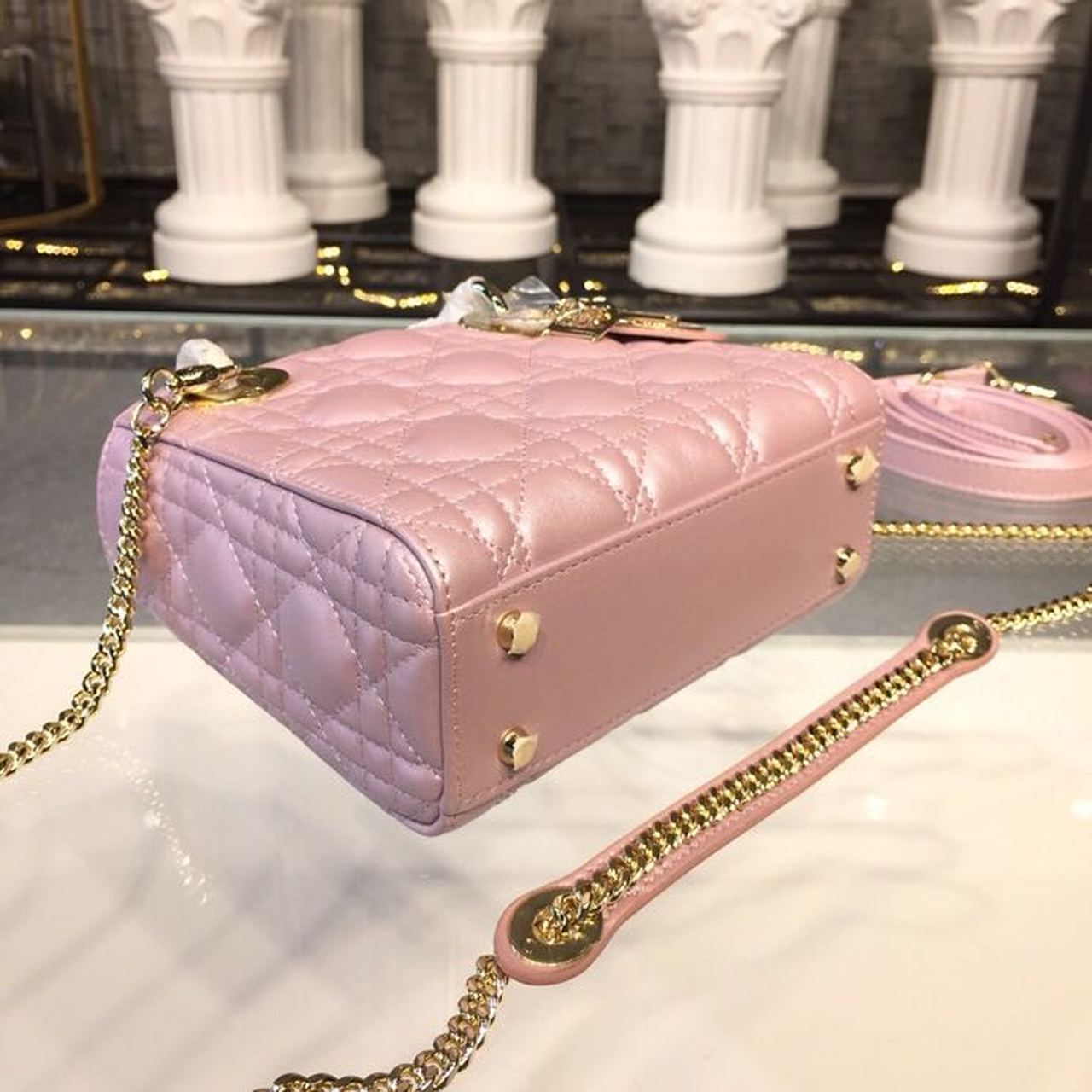 DI Mini Lady Cannage Quilted Bag with Chain Gold Toned Hardware Pink For Women 6.5in/17cm CD